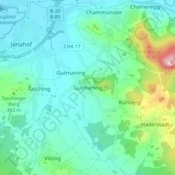 Mapa topográfico Gutmaning, altitud, relieve
