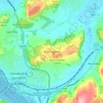 Mapa topográfico Bryn Pydew, altitud, relieve