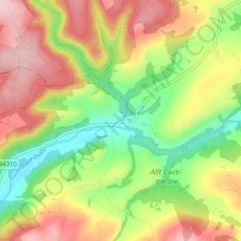 Mapa topográfico Abergorlech, altitud, relieve