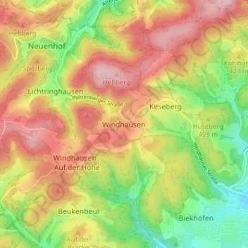 Mapa topográfico Windhausen, altitud, relieve