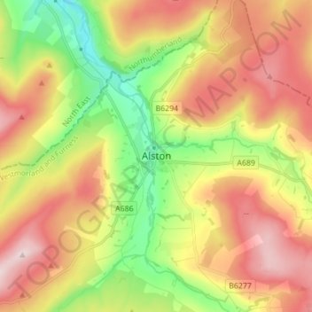 Mapa topográfico Alston, altitud, relieve