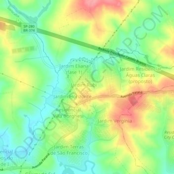 Mapa topográfico Cajuru do Sul, altitud, relieve