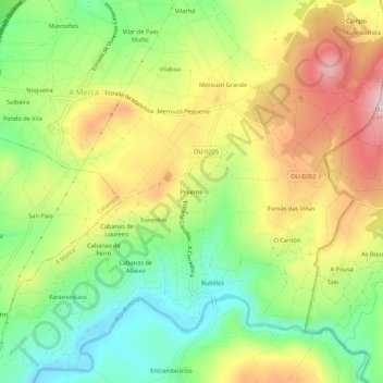 Mapa topográfico Proente, altitud, relieve