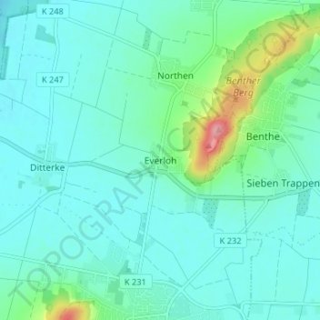 Mapa topográfico Everloh, altitud, relieve