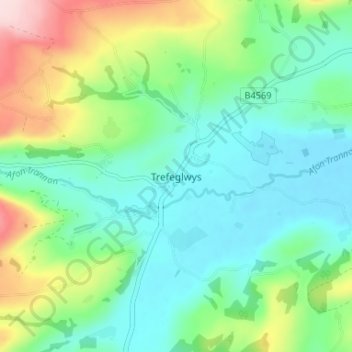 Mapa topográfico Trefeglwys, altitud, relieve