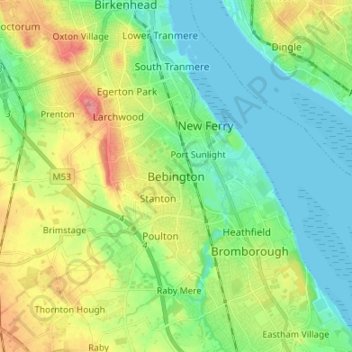 Mapa topográfico Bebington, altitud, relieve