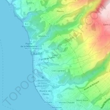 Mapa topográfico Cadet, altitud, relieve