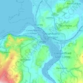 Mapa topográfico Conwy, altitud, relieve