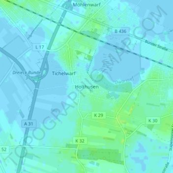 Mapa topográfico Holthusen, altitud, relieve