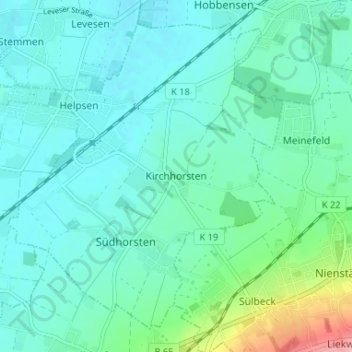Mapa topográfico Kirchhorsten, altitud, relieve
