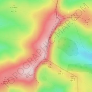 Mapa topográfico Cadair Berwyn North Top, altitud, relieve