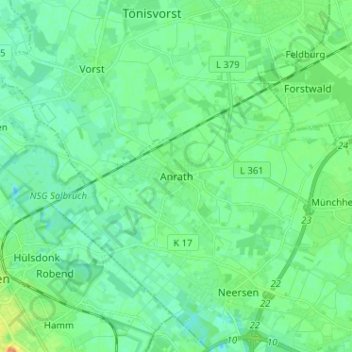 Mapa topográfico Anrath, altitud, relieve
