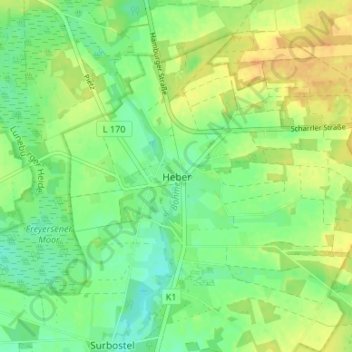 Mapa topográfico Heber, altitud, relieve