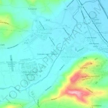 Mapa topográfico Musone, altitud, relieve