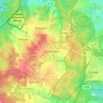 Mapa topográfico Vahrendorf, altitud, relieve