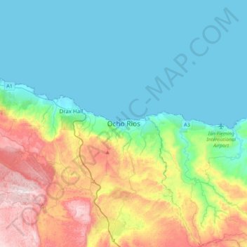 Mapa topográfico Ocho Rios, altitud, relieve