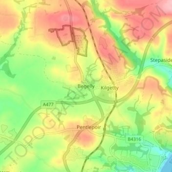 Mapa topográfico Begelly, altitud, relieve