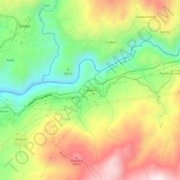 Mapa topográfico Cidadelhe, altitud, relieve