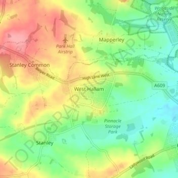 Mapa topográfico West Hallam, altitud, relieve