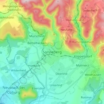 Mapa topográfico Sonneberg, altitud, relieve