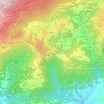 Mapa topográfico Lusiana, altitud, relieve