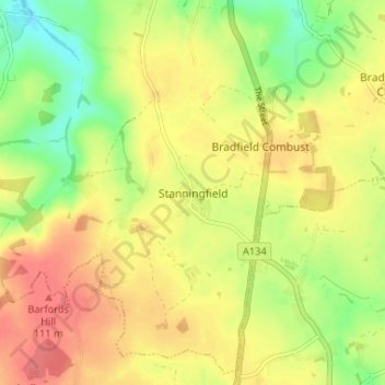 Mapa topográfico Stanningfield, altitud, relieve