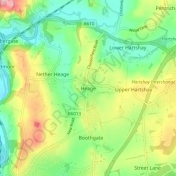 Mapa topográfico Heage, altitud, relieve