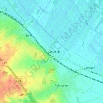 Mapa topográfico Achterdeich, altitud, relieve