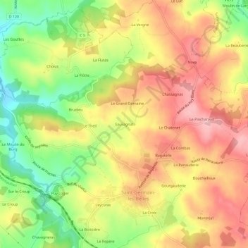 Mapa topográfico Sauvagnat, altitud, relieve