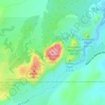 Mapa topográfico Enchanted Rock, altitud, relieve