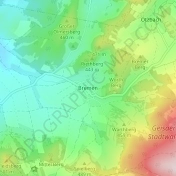 Mapa topográfico Bremen, altitud, relieve