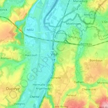 Mapa topográfico Visé, altitud, relieve