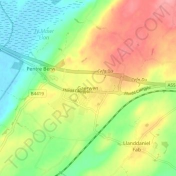 Mapa topográfico Gaerwen, altitud, relieve