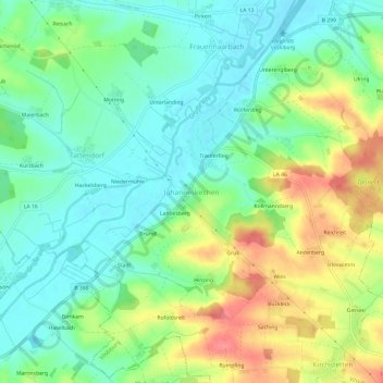 Mapa topográfico Johanneskirchen, altitud, relieve