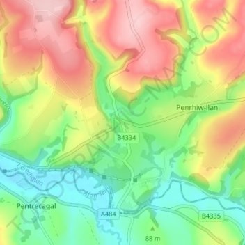 Mapa topográfico Aber-banc, altitud, relieve