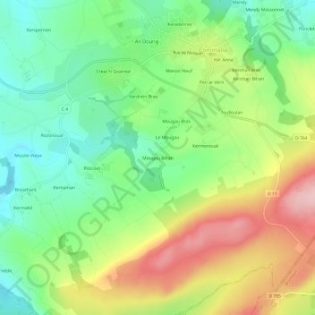 Mapa topográfico Mougau Bihan, altitud, relieve