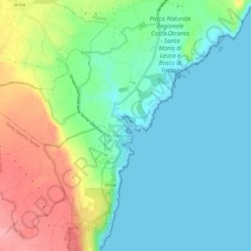 Mapa topográfico Porto Badisco, altitud, relieve