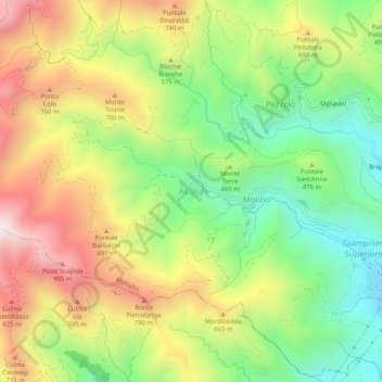 Mapa topográfico Altolia, altitud, relieve