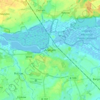 Mapa topográfico Anklam, altitud, relieve
