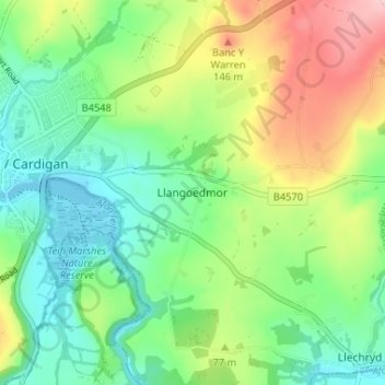 Mapa topográfico Llangoedmor, altitud, relieve