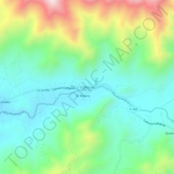 Mapa topográfico Colliguay, altitud, relieve