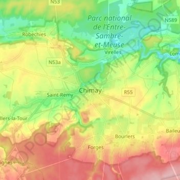 Mapa topográfico Chimay, altitud, relieve