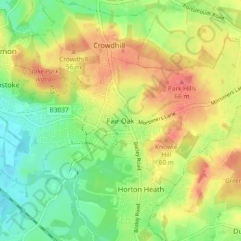 Mapa topográfico Fair Oak, altitud, relieve
