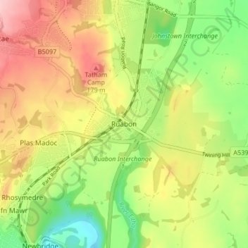 Mapa topográfico Ruabon, altitud, relieve