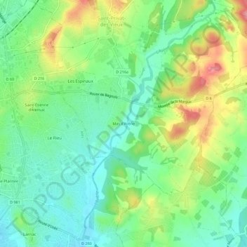 Mapa topográfico Mas d'Avène, altitud, relieve