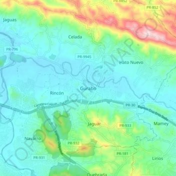 Mapa topográfico Gurabo, altitud, relieve