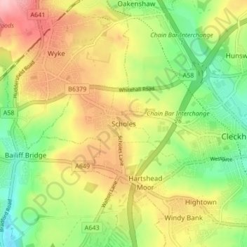 Mapa topográfico Scholes, altitud, relieve