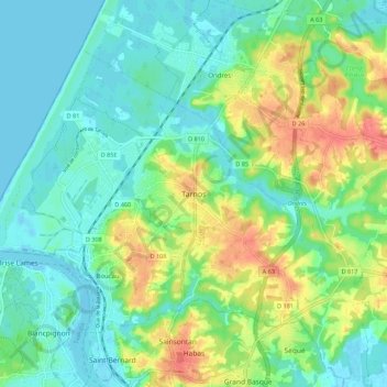 Mapa topográfico Tarnos, altitud, relieve