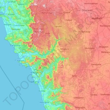 Mapa topográfico Uttara Kannada, altitud, relieve