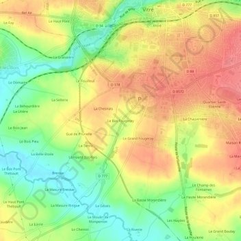 Mapa topográfico Le Bas Fougeray, altitud, relieve